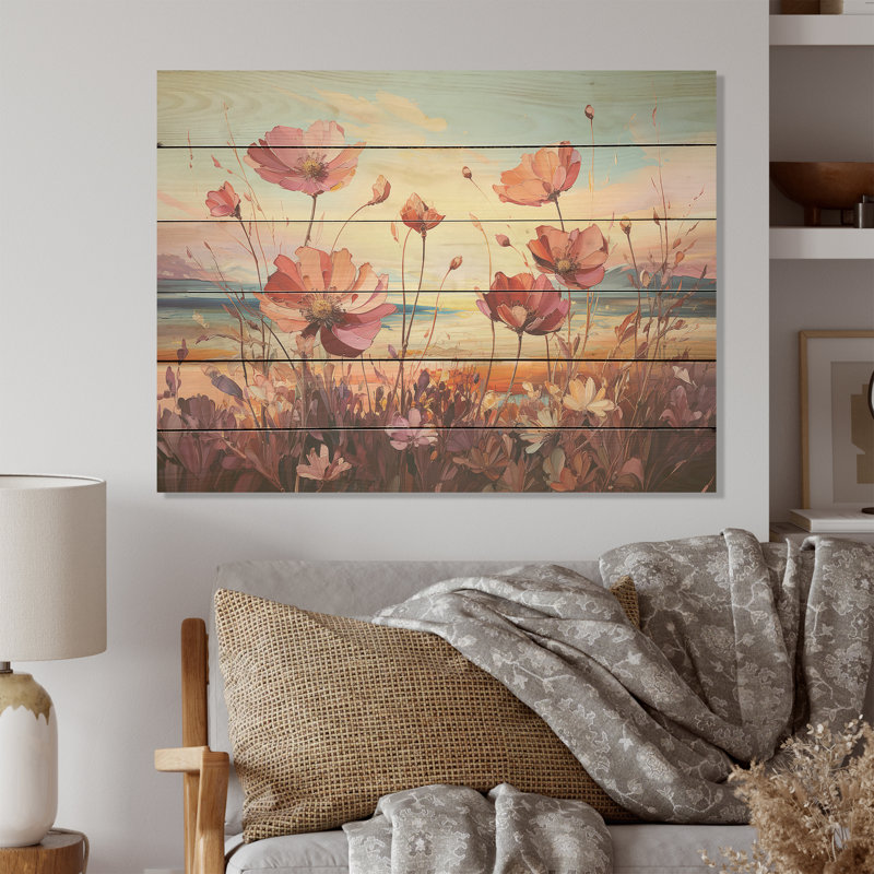 Coucher de soleil sur la plage avec fleurs sauvages, art mural en bois sur bois de pin naturel, H 30 po x l 40 po