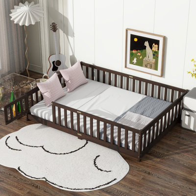 Kids Bed Soild Wood Platform Floor Bed With Safety Guardrails And Door For Bedrooms
