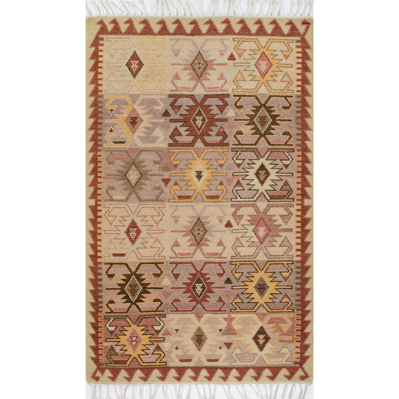 Beige Red Yellow Hand-Knotted Wool Rug, Rectangle 9' x 12'