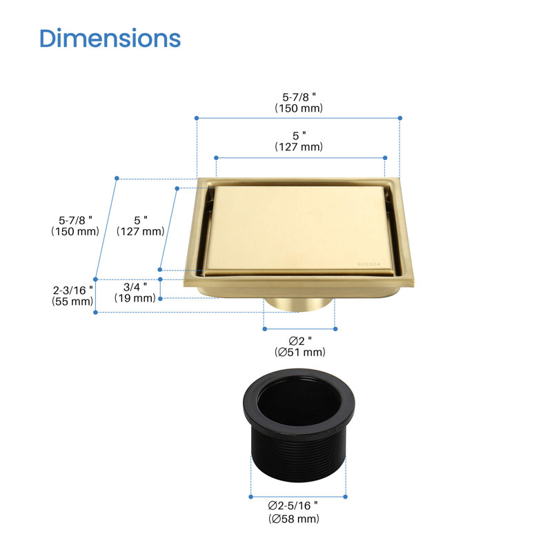 Bonde de douche carrée réversible Kibi de 6 pouces à carreler, en acier inoxydable 304, avec filtre à cheveux, Brushed Gold