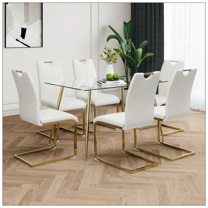 Table de salle à manger rectangulaire moderne en verre simple, comptoir en verre trempé résistant à l'usure, pieds plaqués or, ensemble de chaises de salle à manger en polyuréthane, convient à une cuisine de restaurant