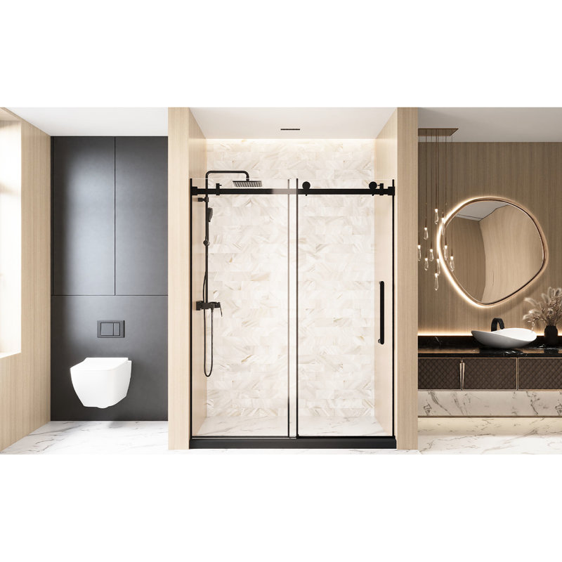 56 - 60 "W X 76" H Bathroom Single Sliding Shower Door, 1/4 "(6 Mm) Clear Tempered Glass, Proof Film, Stainless Steel Handle And Square Tube Track In Matte Black Door Black, H, Glass With For