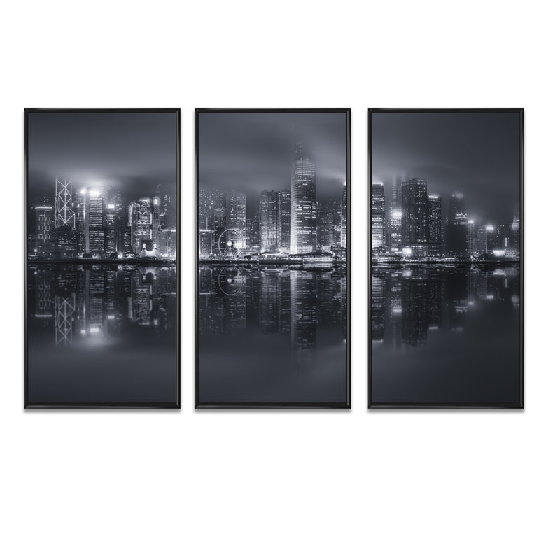 Ensemble de 3 toiles d'art encadrées, paysage urbain en noir et blanc, H 32 po x l 48 po x P 1 po, Cadre noir