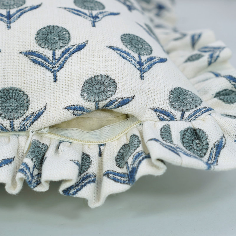 Housse de coussin en tissu de lin blanc cassé, imprimé à la main et à imprimé Fabribine - Genda Pushp, H 20 po x l 12 po