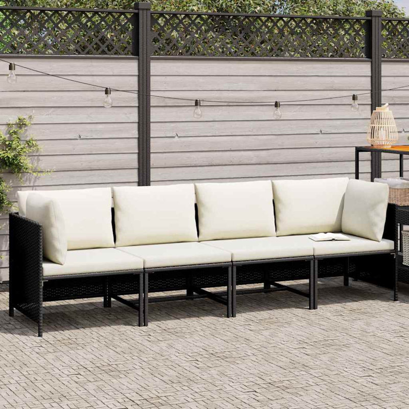 Patio Sofa Black PE Rattan 4-Seater Removable Covers Square Outdoor Sofa Set, Beige Cushion/Black Frame
