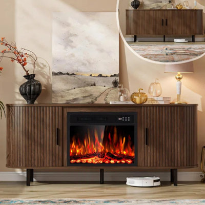 Meuble télé 65 po avec cheminée coulissante moderne pour téléviseur de 75 po ou moins et portes coulissantes avec tablettes réglables