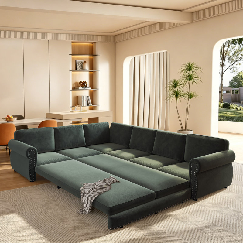 118" Oversize Convertible Sleeper Sofa With Nailhead Trim, Upholstered Sofa Couch With Pull-Out Bed, Green Chenille