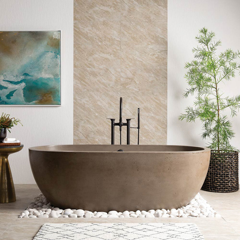 Avalon NativeStone Concrete Freestanding Oval Soaking Bathtub, Earth, 23" H x 36" W x 72" L