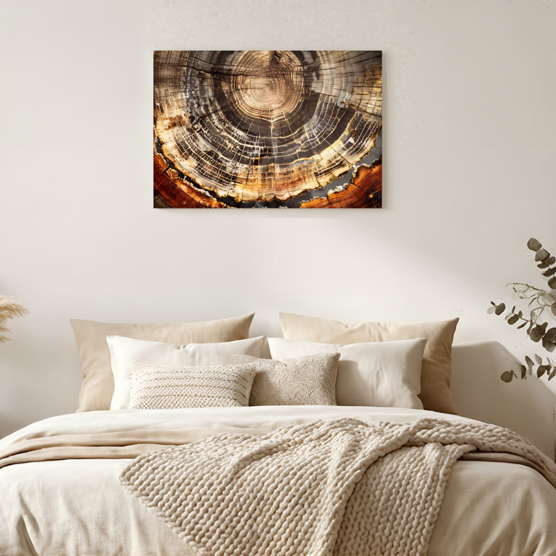 Art sur toile, anneaux de croissance d'arbre en tons de terre bruns et gris, 12"H x 18"W