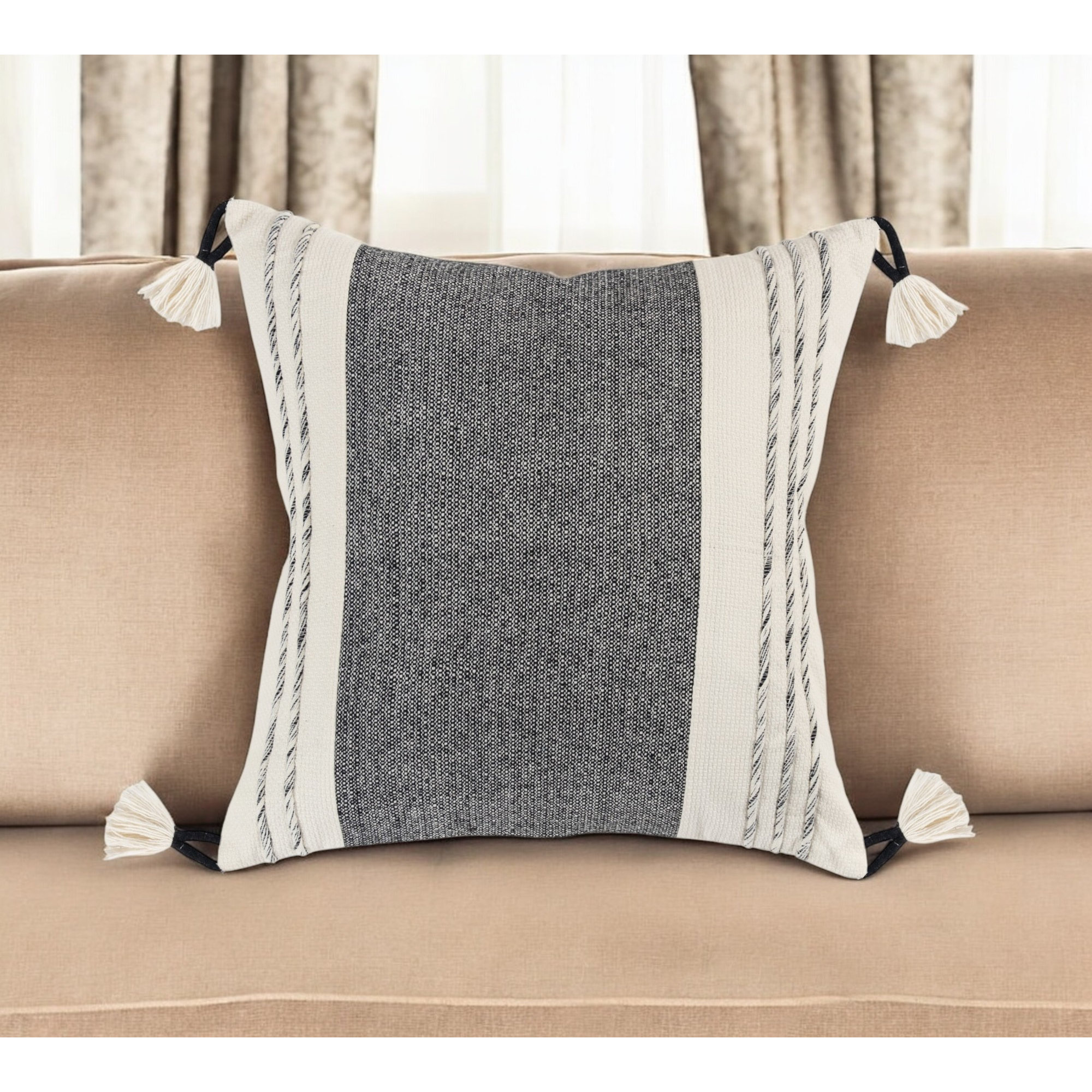 Tassels Cotton Throw Pillow, Black/White
