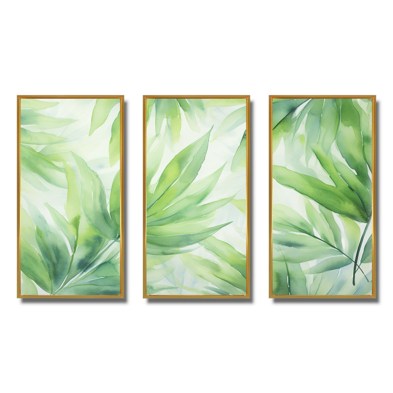 «Green Tropical Leaves in Pastel Color - Abstract Collages», art mural, H 28 po x l 36 po x P 1 po, Cadre flottant doré