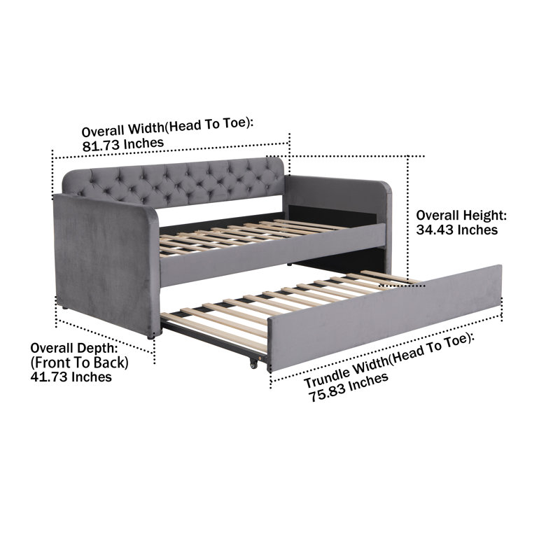 Lit de jour simple en velours avec lit gigogne et station de charge Modern, Gris foncé