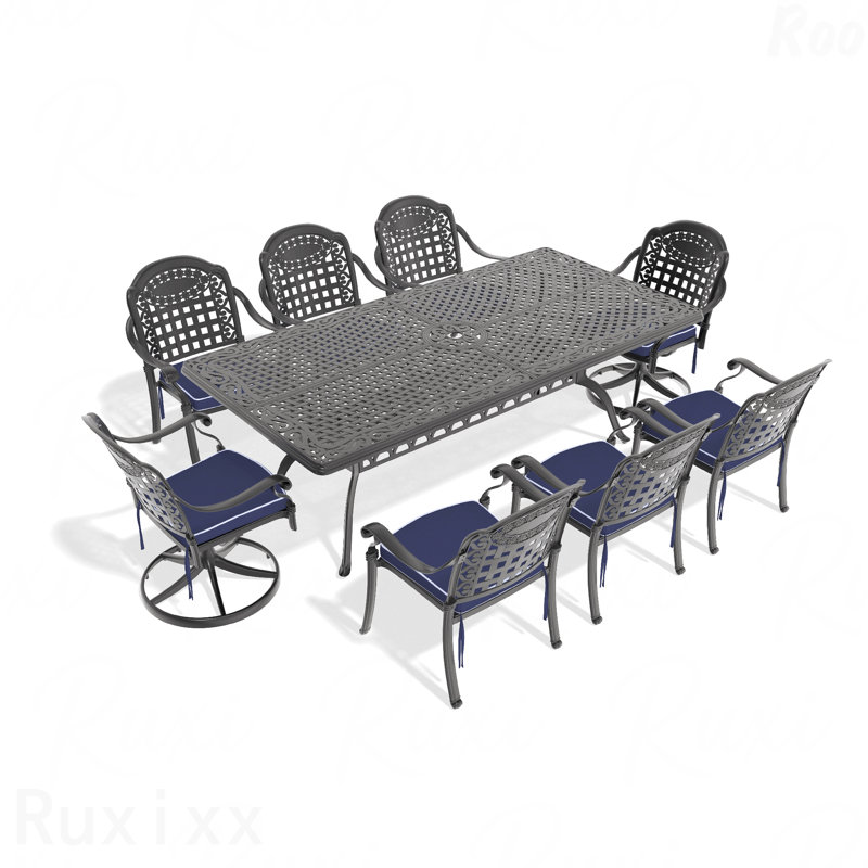 Ensemble de salle à manger 9 pièces en fonte d'aluminium toutes saisons comprenant 2 chaises pivotantes, 6 chaises et une table rectangulaire avec cadre noir