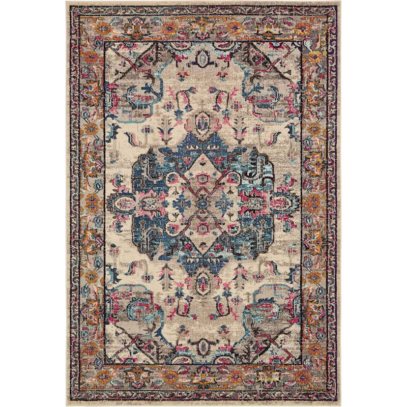 Brun oriental/bleu/gris Alfreda Tapis décoratif, Rectangle 3 pi 3 po x 5 pi 3 po