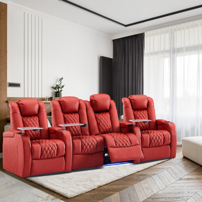 Leather Power Reclining Home Theater Seat With Cup Holder(Row Of 4 Loveseat Middle) by Latitude Run