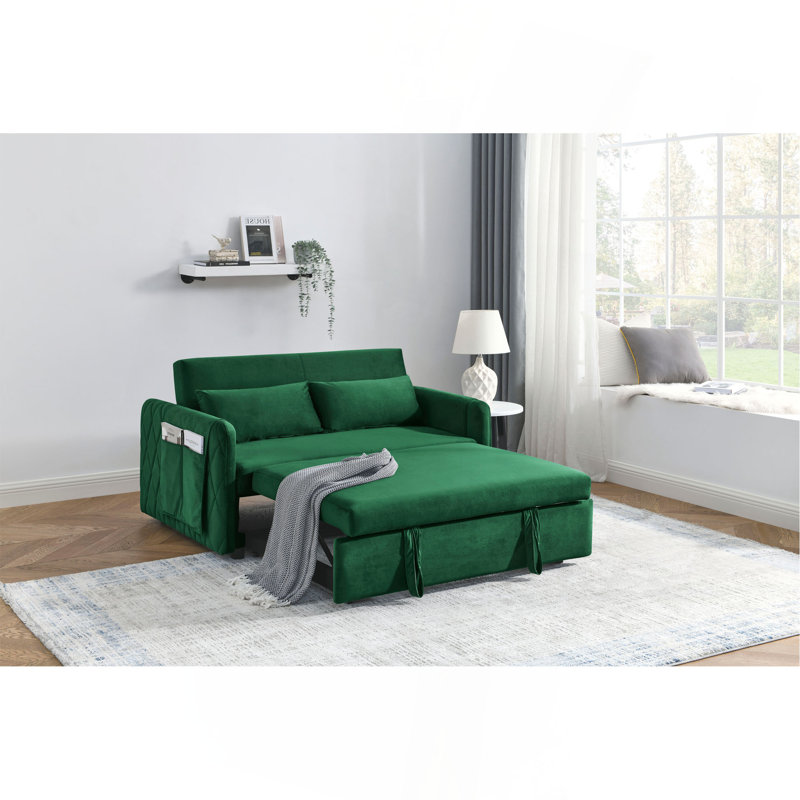 55" Modern Convertible Sofa Bed With 2 Detachable Arm Pockets, Velvet Loveseat Sofa With Pull Out Bed, 2 Pillows And Living Room Adjustable Backrest, Grid Design Armrests