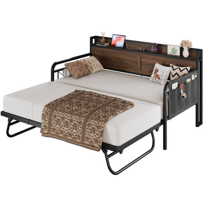 Twin Daybed with Pop Up Trundle, Storage Headboard and Charging Station, Strong Support, Walnut