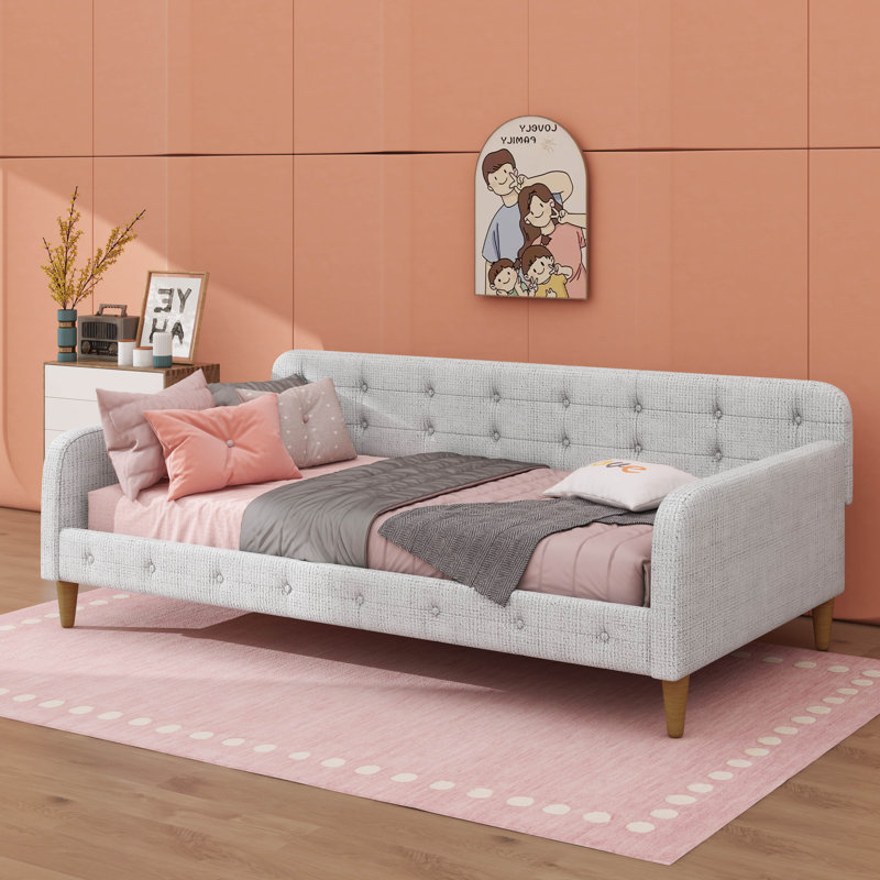 Lit de jour rembourré en tissu et soutenu par des pieds, Beige, Simple