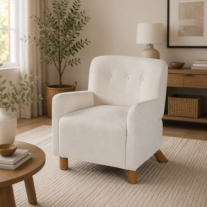 Fauteuil d'appoint moderne capitonné avec pieds en bois d'hévéa, Lin beige