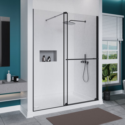 Shower Door,59-60 In.w X 72 In.h,1/4 Inch Thick Clear Ce Standards Tempered Glass Panel,walk-in Shower Screen Dual Usage W/stainless Steel Handle,prevent Water Leaks,supporting Bar,matt Black