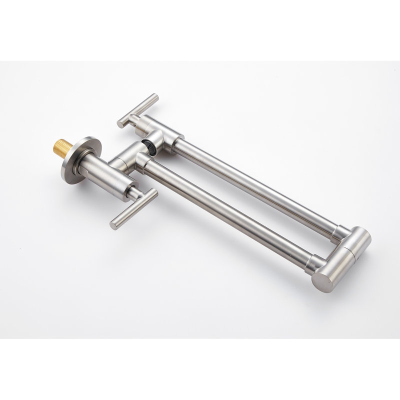 Wall Mount Pot Filler Faucet In Brushed Nickel - Folding Function, 360 Rotation, Robust Brass Construction, Double Handles For Easy Water Regulation, Corrosion Surface Layer Functionality, Rotatable,