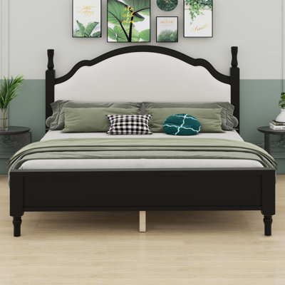 Mid-Century Wood Platform Bed with Upholstered Headboard