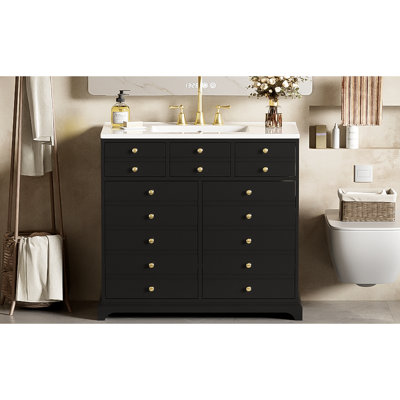 Armoire de salle de bain en bois massif noir avec 2 tiroirs compartiment de rangement dissimulé avec tiroirs en céramique, espace pour l'essentiel