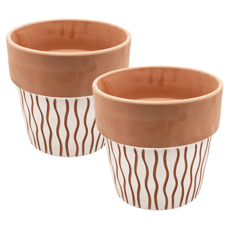 Standard Terracotta Vertical Scroll Pot -  Terracotta/White, 7.9" H x 8.3" W x 8.3" D, 2