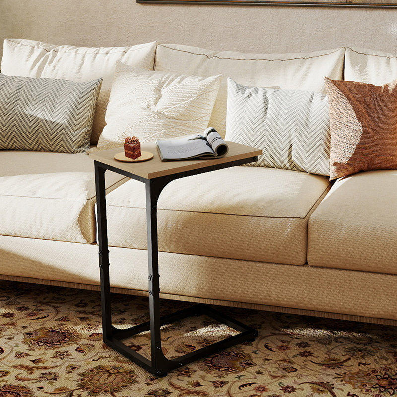 Table d'appoint réglable en forme de C, plateau télé à glisser sous le canapé pour le salon et la chambre, Bois beige