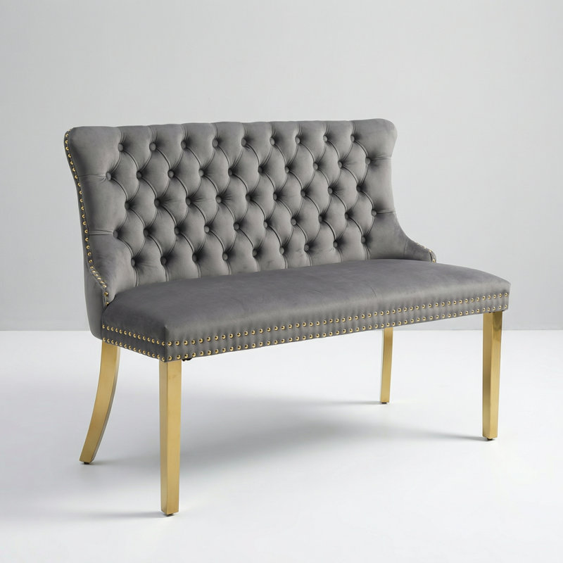 Luxurious Velvet Double Dining Loveseat Bench with Tufted Back and Gold-Plated Steel Legs, Mid-Century Modern Style Two-Seater Bench for Kitchen and Dining Room Seating