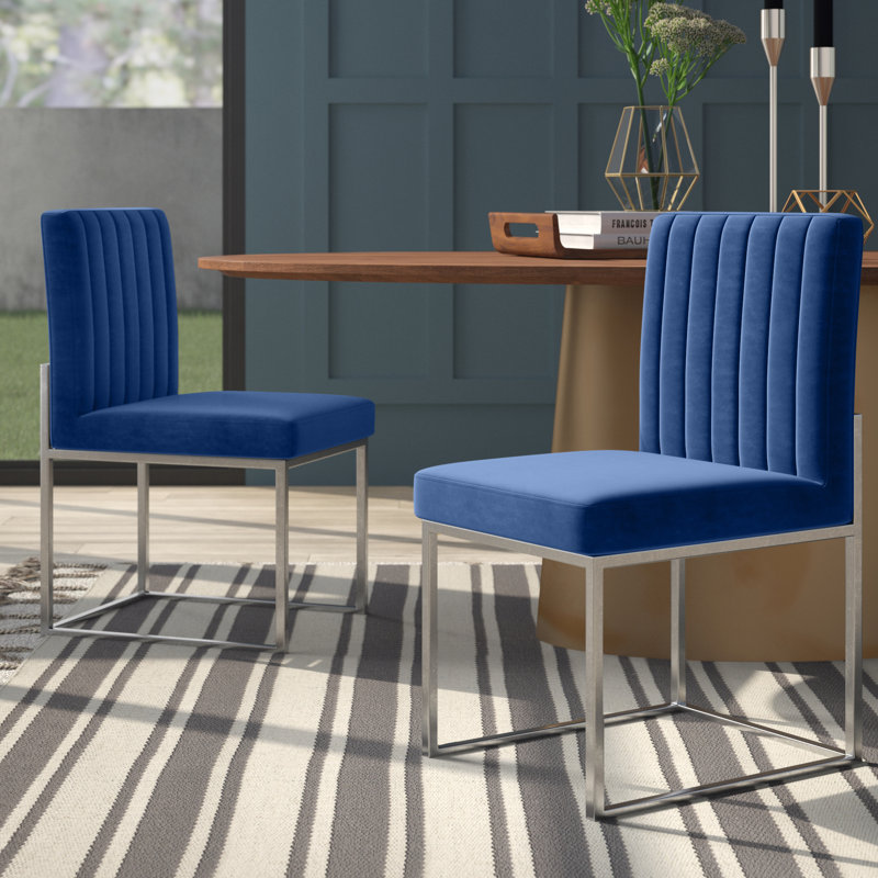 Amberdawn 18.5'' H Velvet Upholstered Side Chair, Navy Velvet, Chrome