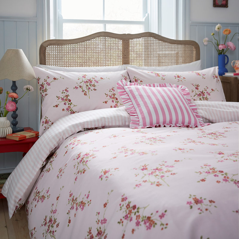 Blossom Print Cotton Duvet Cover Set, King Duvet Cover + 2 Standard Pillowcases, Pink