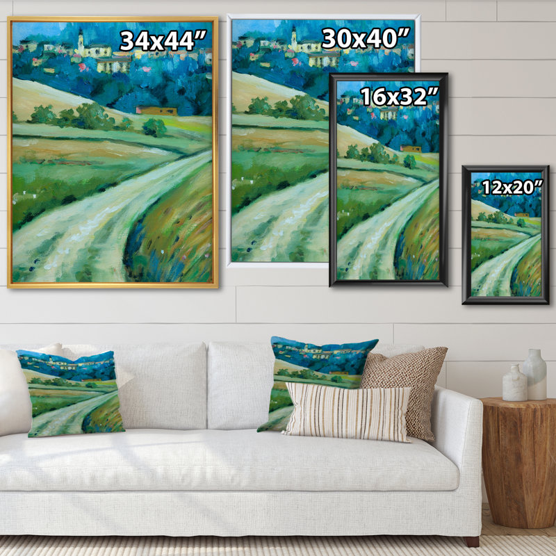 Route dans la campagne - Peinture sur toile, H 44 po x l 34 po, Cadre flottant blanc
