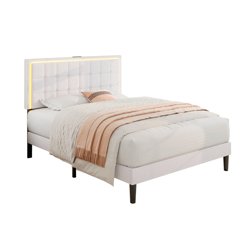 Berdean Button Tufted Platform Bed Frame with LED Lights, White, Queen
