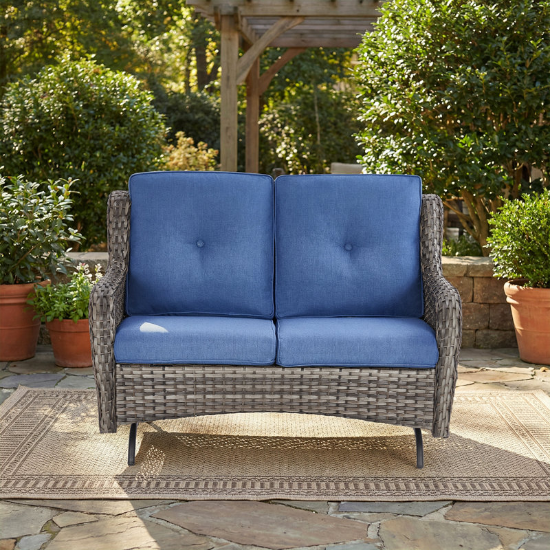 Causeuse de patio berçante Mickala avec structure robuste et sièges coussins, Gris, Bleu