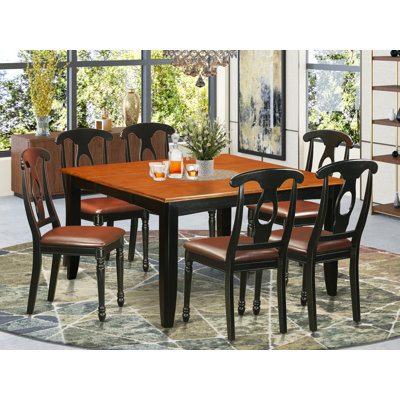 7 Piece Dining Room Furniture Set Consist of a Square Kitchen Table with Butterfly Leaf and 6 Faux Leather Chairs, Black & Cherry
