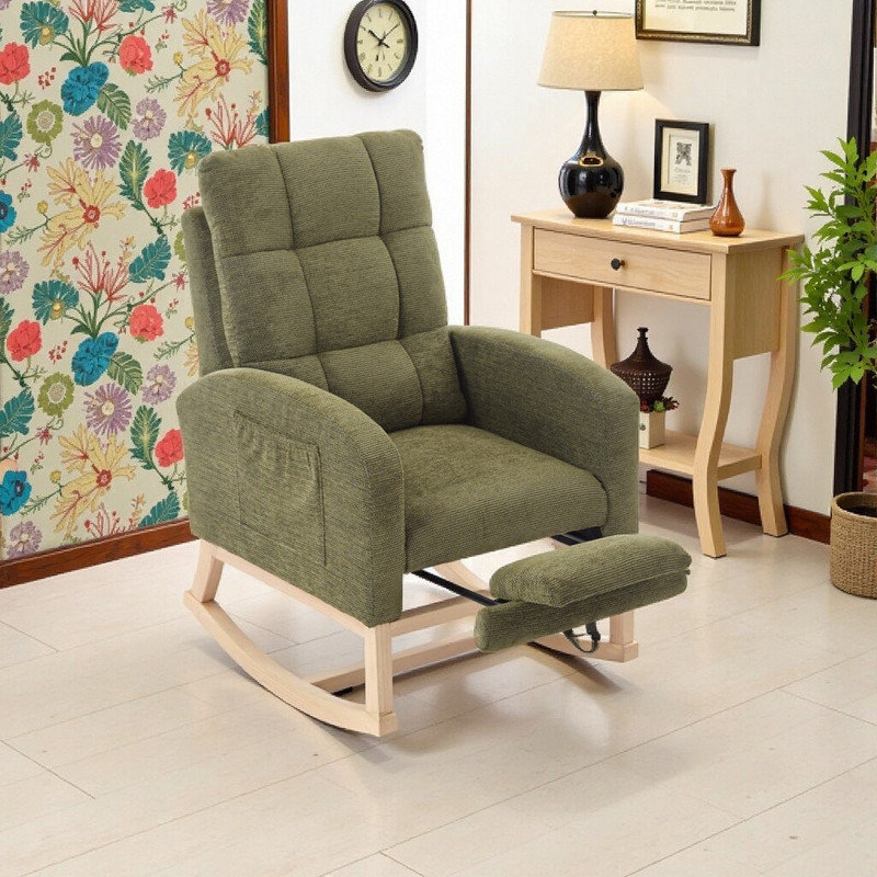 Chaise berçante avec repose-pieds réglable et pieds latéraux en bois massif, Vert
