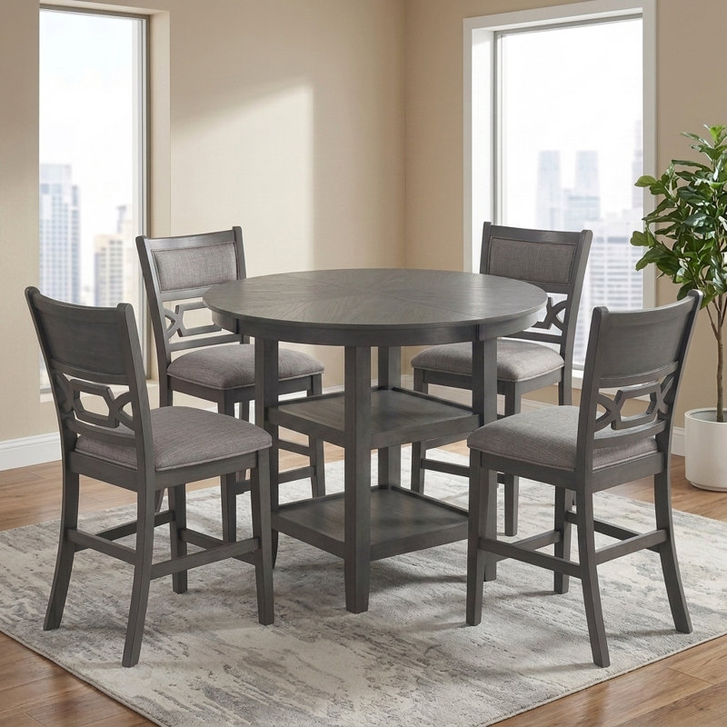 Ensemble de table haute de 5 pièces comprenant une table ronde et 4 chaises grises, H 36 po x l 42 po x P 42 po