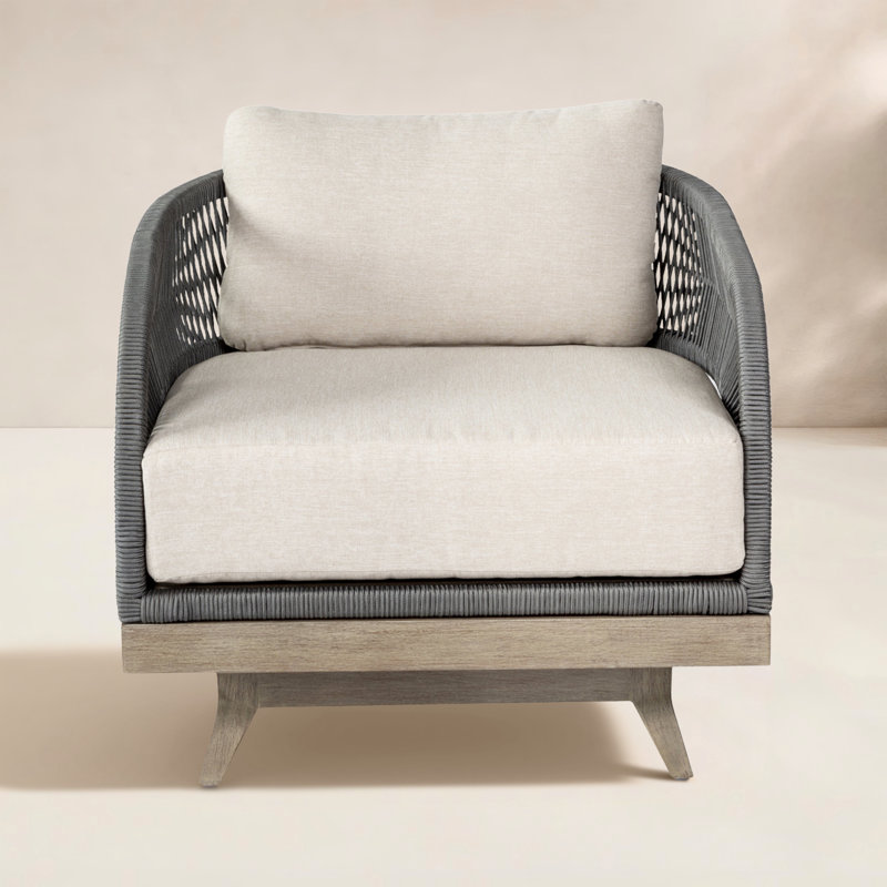 Galilea Swivel Patio Chair in Eucalyptus Wood with Gray Rope and Taupe Olefin Cushions