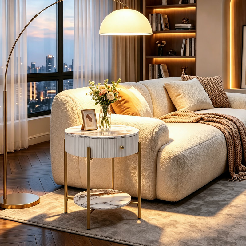 Woodville Side Table with Storage, Gold, Calacatta Gold