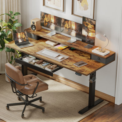 Bureau électrique à hauteur réglable avec tablette de rangement, bureau debout avec 3 tiroirs pour le bureau personnel