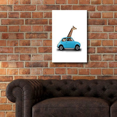 «Girafe dans une petite voiture» par John Hovenstine, art mural en verre acrylique, 16 po x 24 po