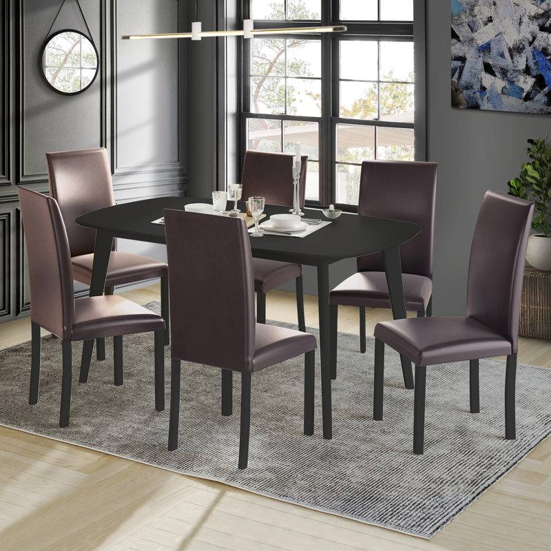 Neli 6 - Person Dining Set, Black Table With Brown Chair