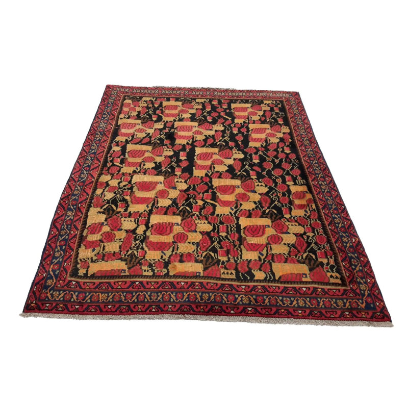 Tapis oriental noir / jaune / rose fait à la main 4 pi 11 po x 6 pi 11 po Oriental
