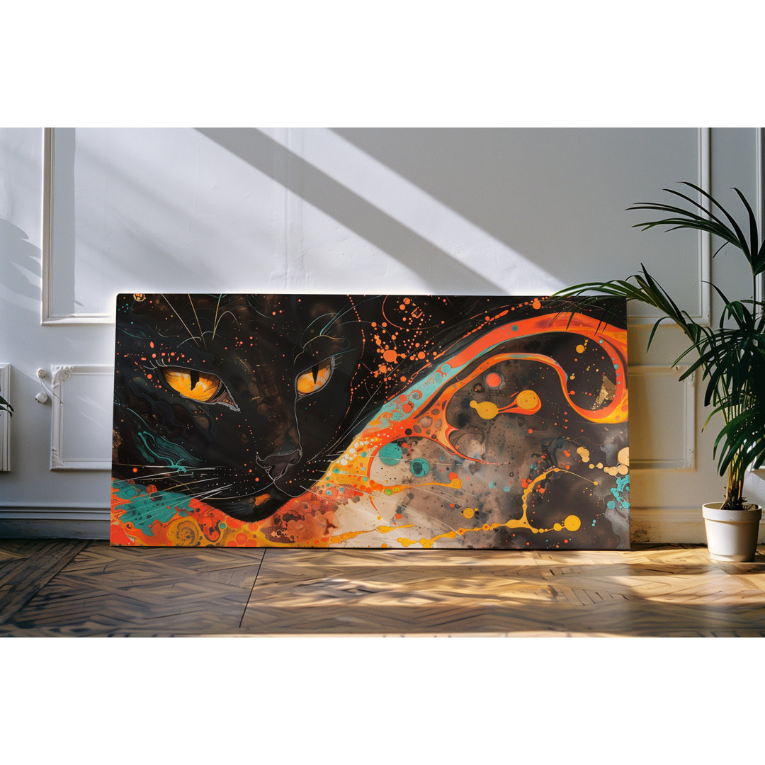 Wandbild 120x60cm Schwarze Katze Kater Katzenaugen Farbenfroh Kunstvoll