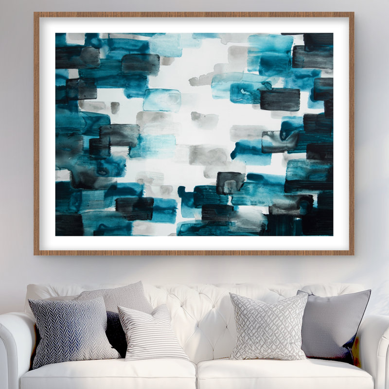 Turquoise et carrés gris - Reproduction d'art encadrée contemporaine