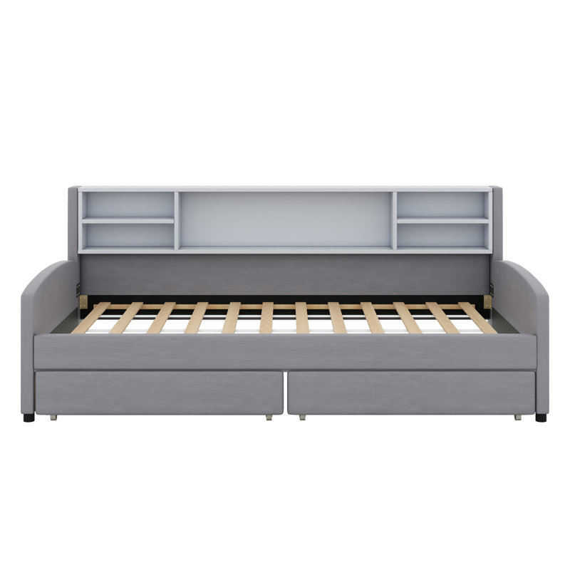Upholstered Platform Bed With Storage And Drawers, Gray