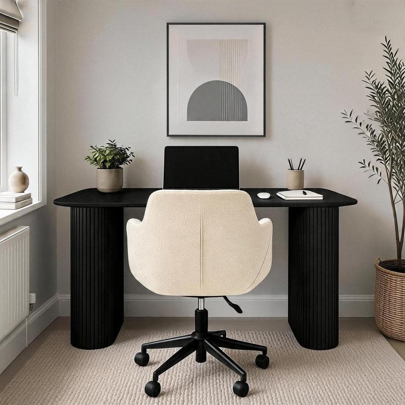 Monroe 2 Piece Computer Desk Office Set with Chair, Black with Ivory Chair