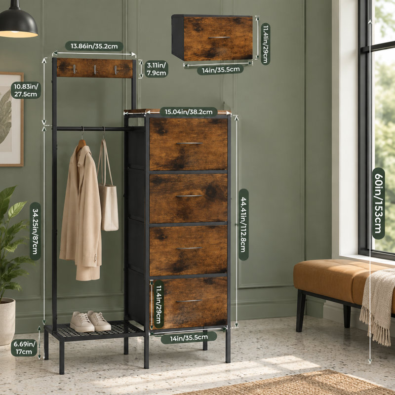 Commode réversible en tissu brun à finition bois avec 4 tiroirs, crochets et support à suspendre