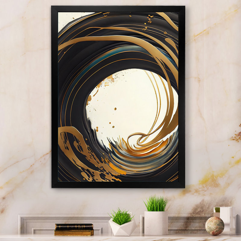 Cercle noir et or I - art mural moderne sur toile, L 12 po x H 20 po, Impression noire sur toile encadrée